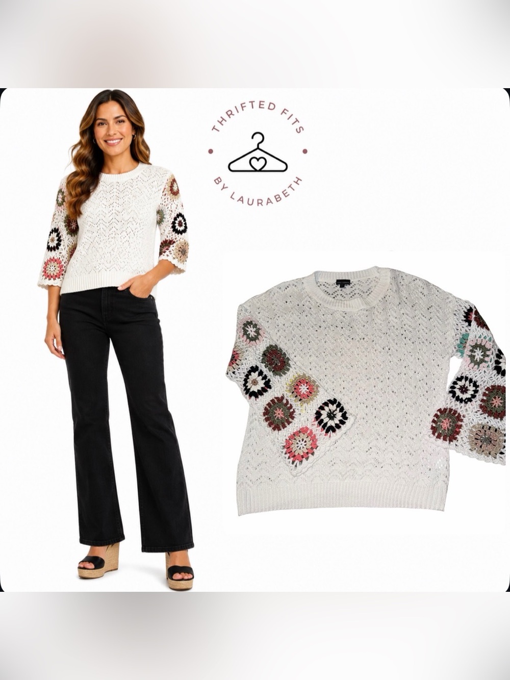 Coco + Carmen Cream Crochet-Appliqué Crewneck Sweater size S/M